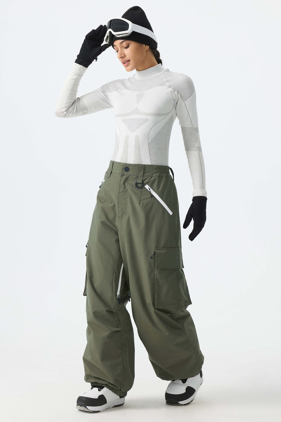 Calça de neve folgada feminina verde militar com detalhe de zíper contrastante