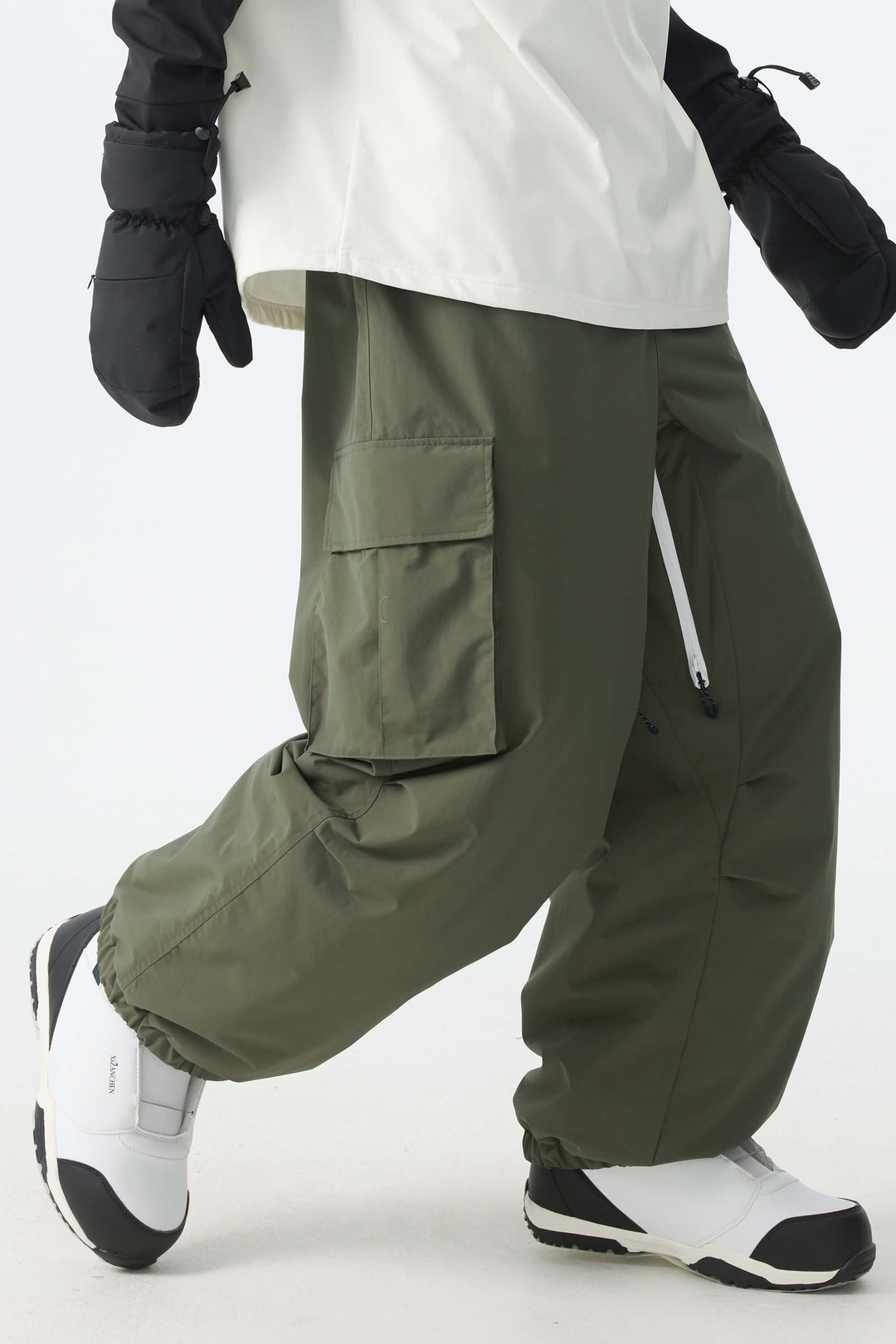Men's Army Green Contrast Zipper Detail Baggy Snow Pants