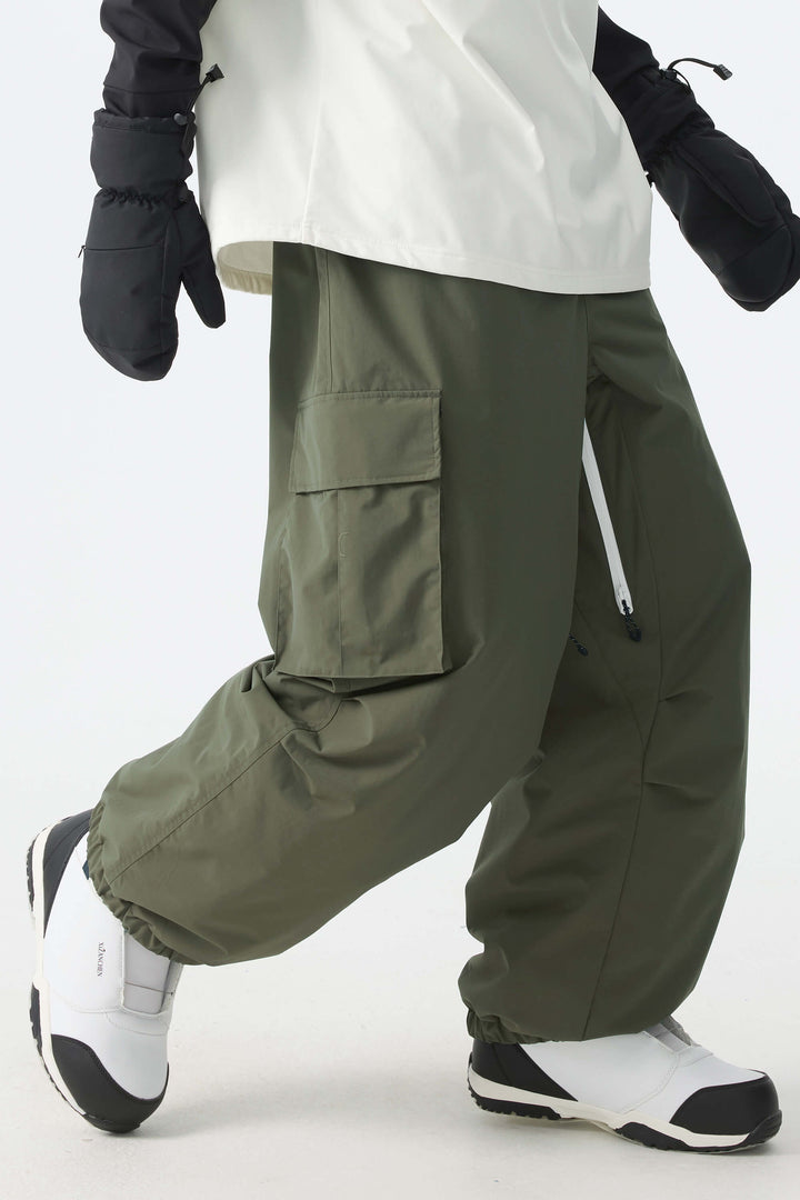 Men's Army Green Contrast Zipper Detail Baggy Snow Pants