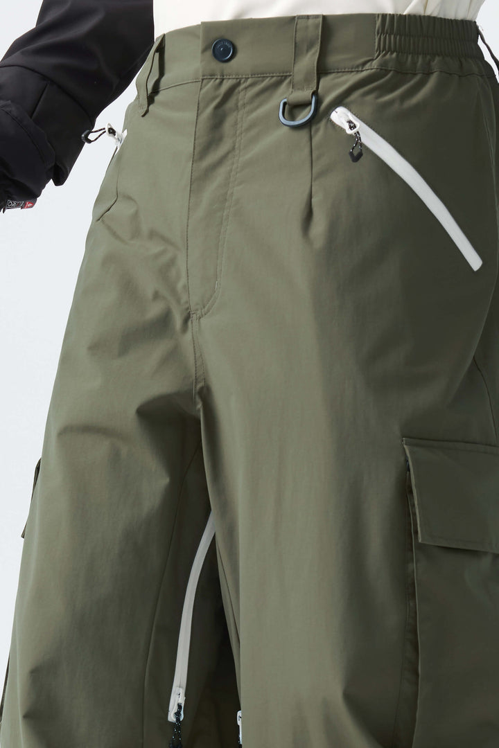 Men's Army Green Contrast Zipper Detail Baggy Snow Pants