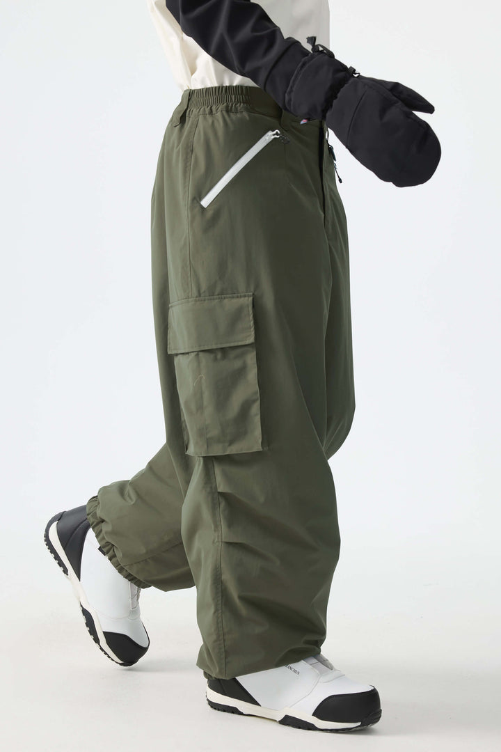 Men's Army Green Contrast Zipper Detail Baggy Snow Pants