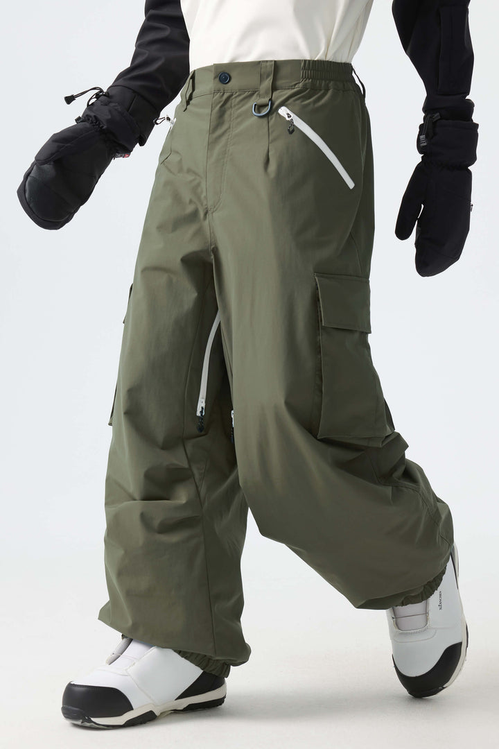 Men's Army Green Contrast Zipper Detail Baggy Snow Pants
