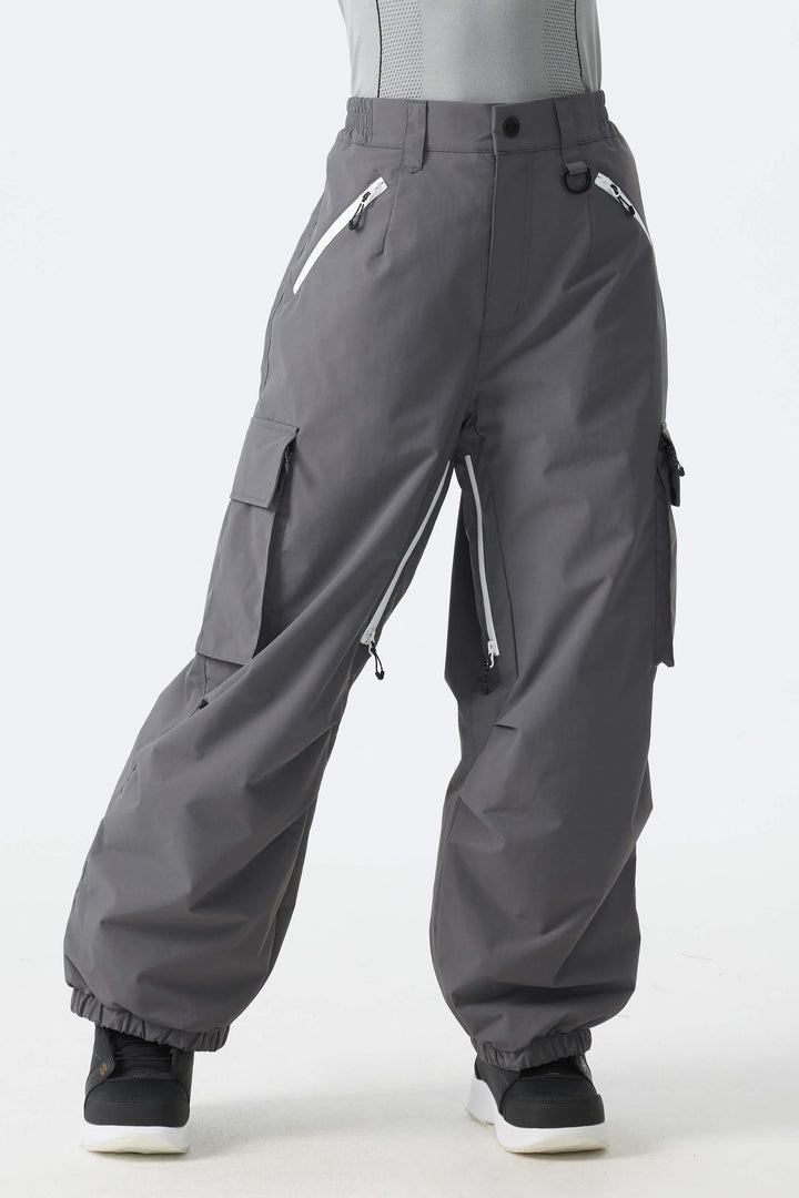 Calça de neve feminina folgada com detalhe de zíper contrastante na cor off-white