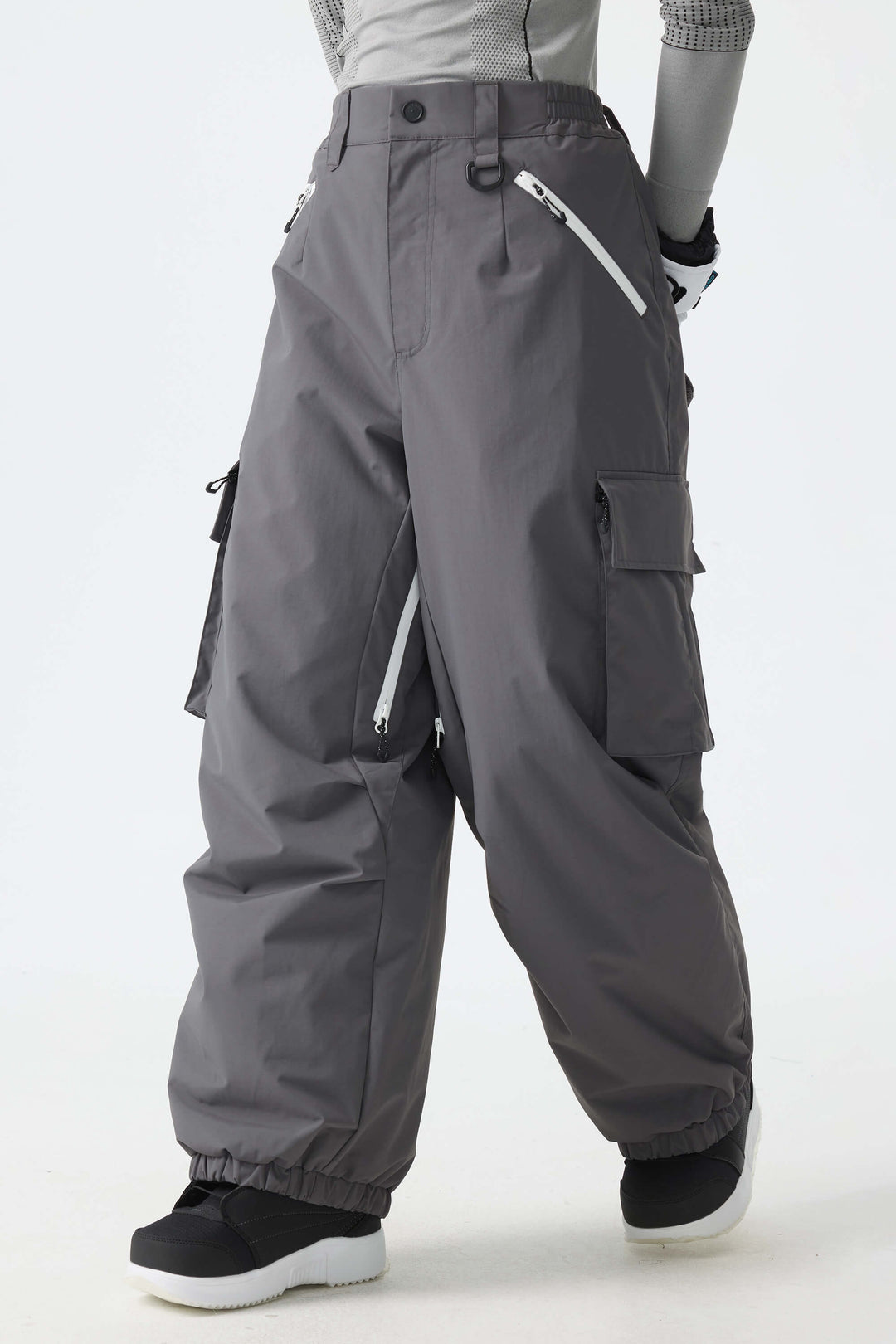 Calça de neve feminina folgada com detalhe de zíper contrastante na cor off-white