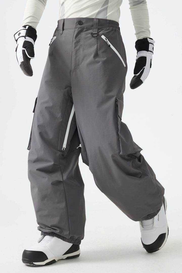 Men's Dark Gray Contrast Zipper Detail Baggy Snow Pants