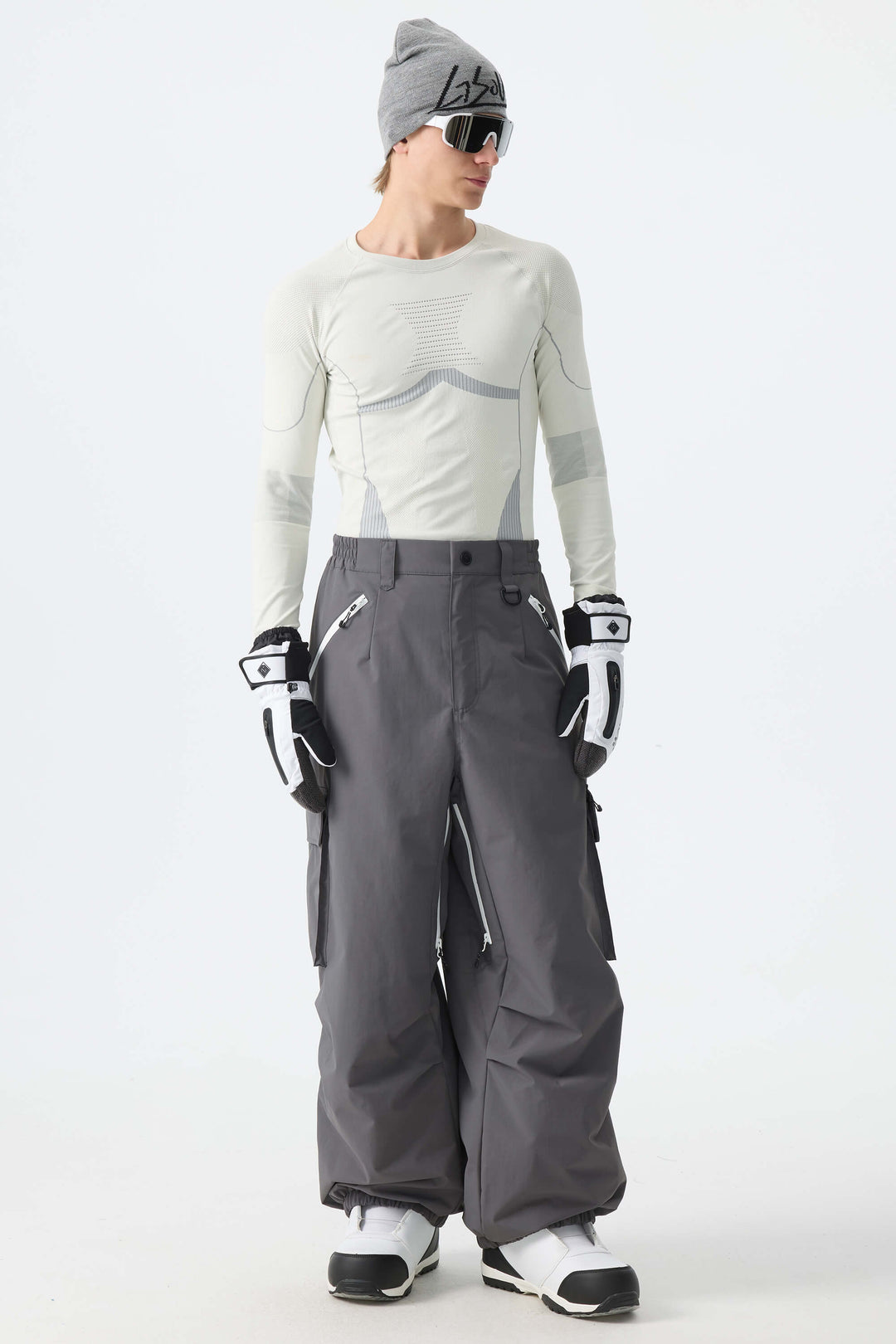 Men's Dark Gray Contrast Zipper Detail Baggy Snow Pants