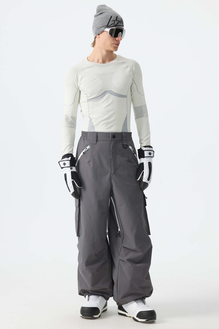 Men's Dark Gray Contrast Zipper Detail Baggy Snow Pants