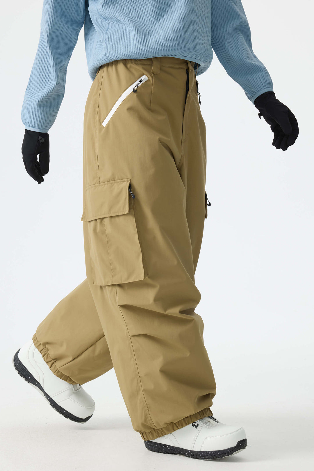Calça de neve feminina folgada com detalhe de zíper contrastante na cor off-white