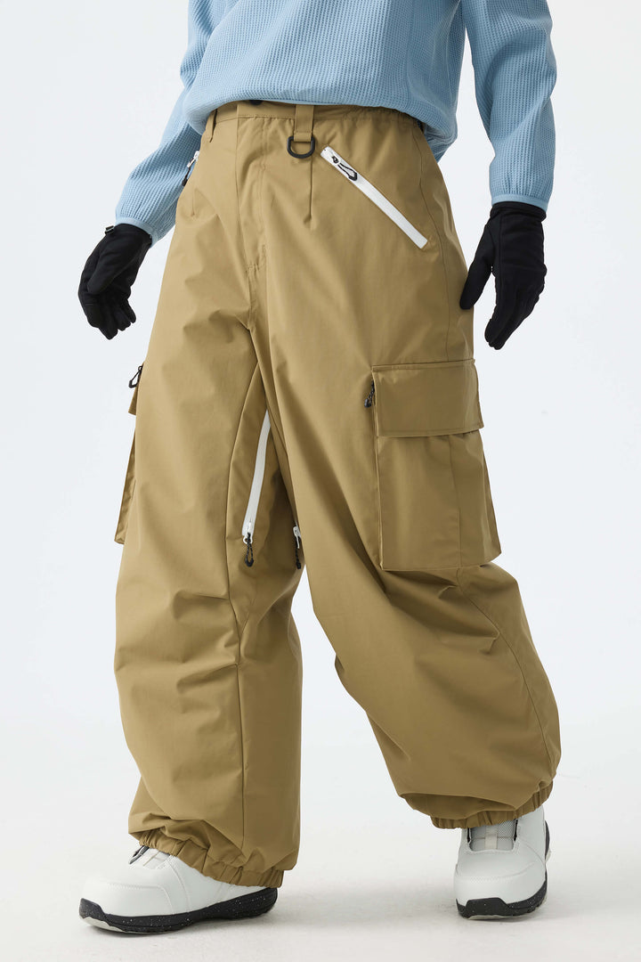 Calça de neve folgada feminina cáqui com detalhe de zíper contrastante