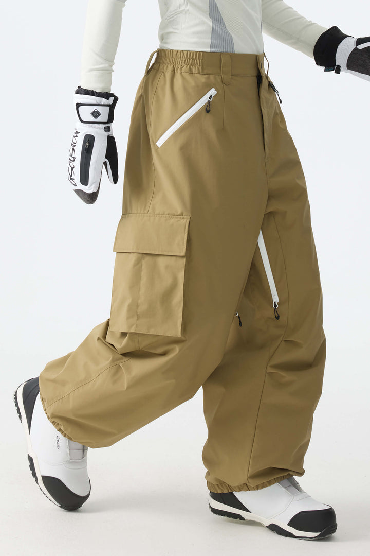 Men's Army Green Contrast Zipper Detail Baggy Snow Pants