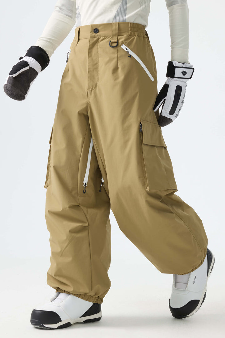 Men's Khaki Contrast Zipper Detail Baggy Snow Pants
