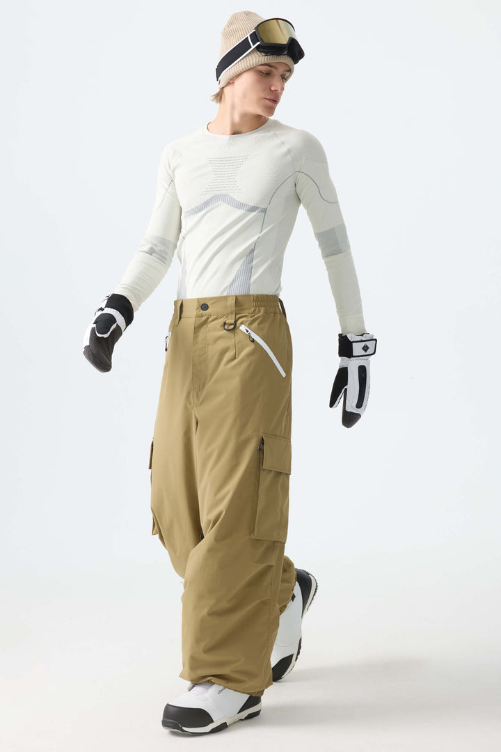 Men's Khaki Contrast Zipper Detail Baggy Snow Pants