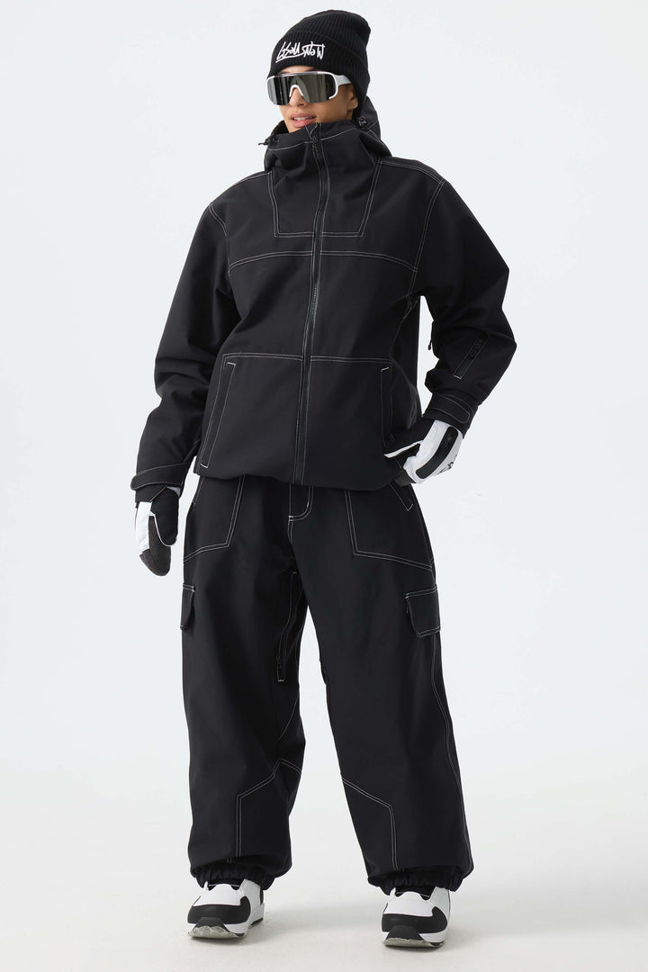 Calça de neve minimalista feminina branca com costura contrastante