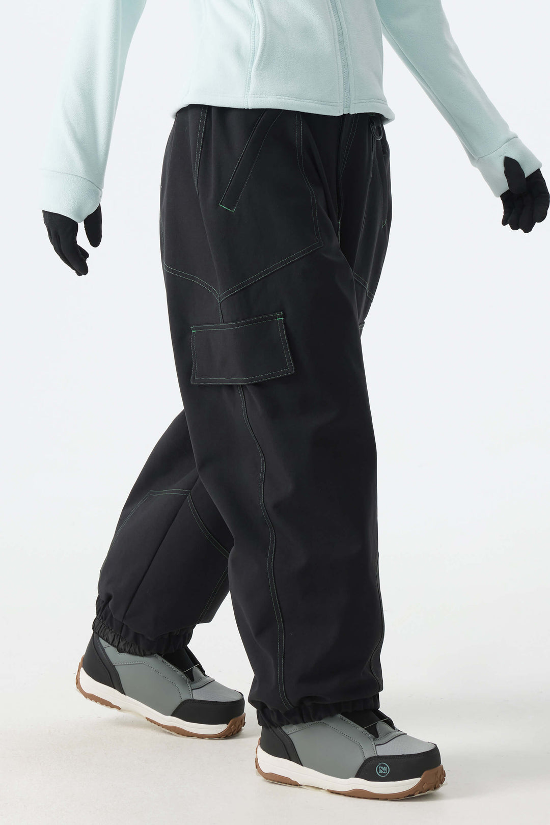Calça de neve minimalista feminina verde com costura contrastante