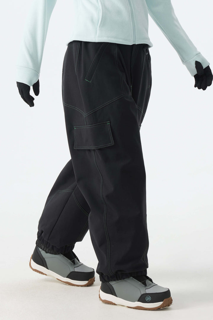 Calça de neve minimalista feminina verde com costura contrastante