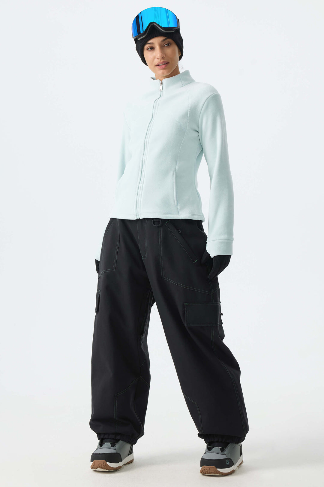 Calça de neve minimalista feminina verde com costura contrastante