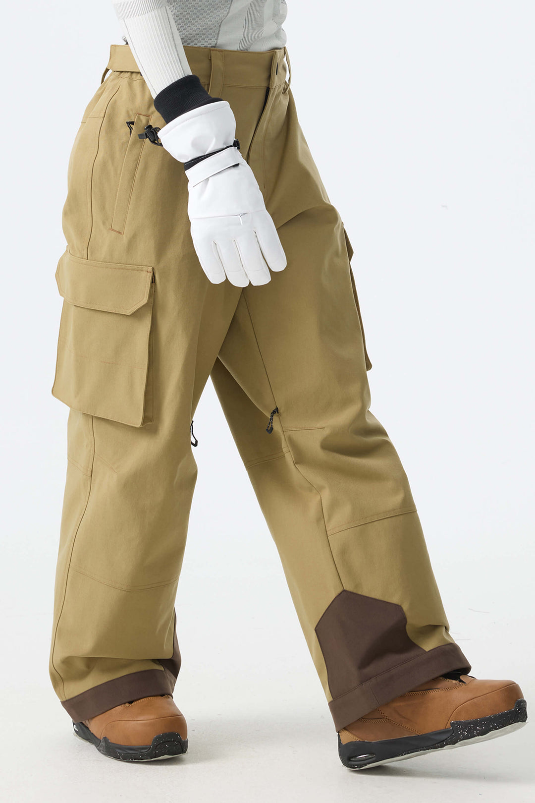 Calça de neve folgada feminina Khaki Barn com costura contrastante