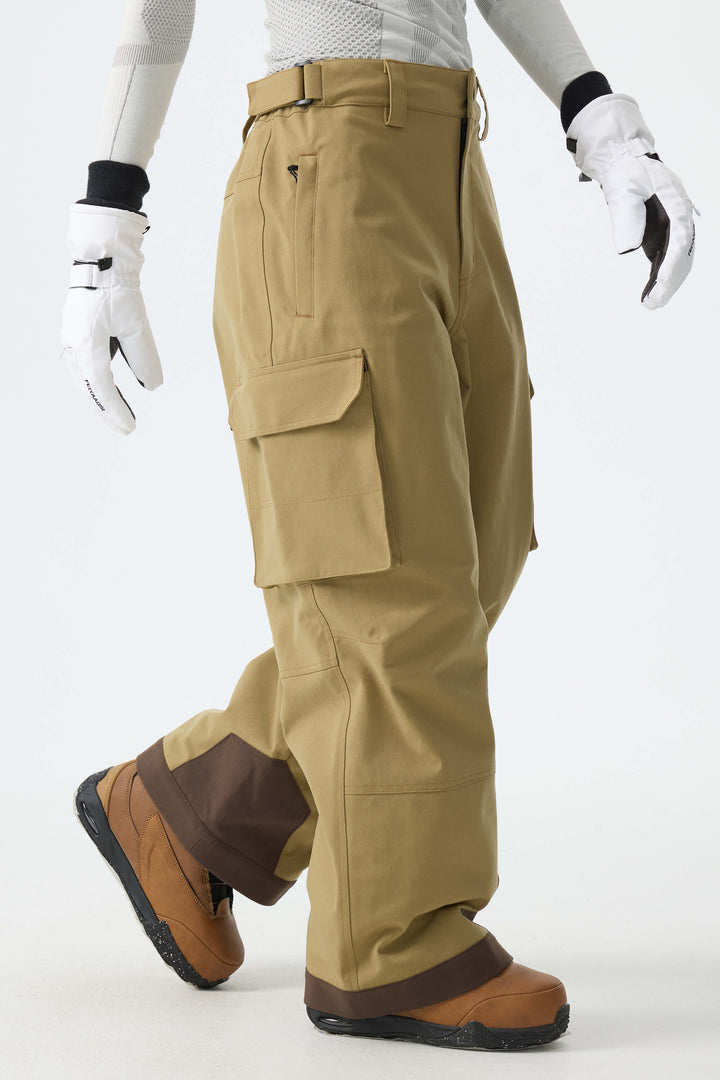 Calça de neve folgada feminina Khaki Barn com costura contrastante
