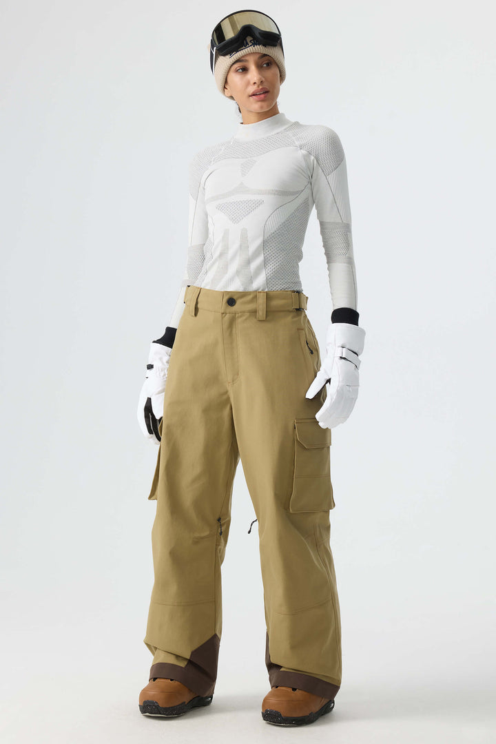 Calça de neve folgada feminina Khaki Barn com costura contrastante