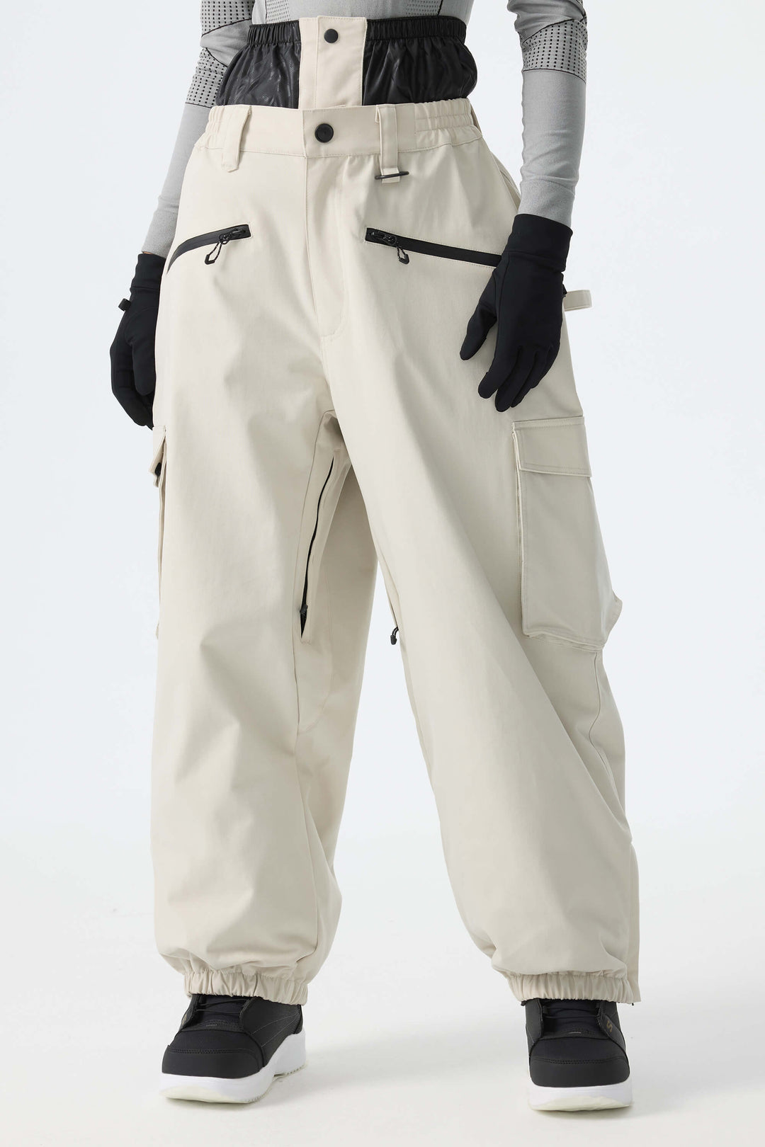 Calça de neve feminina Off White térmica, impermeável, utilitária, estilo cargo, folgada.