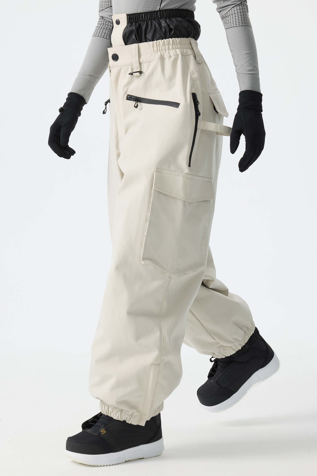 Calça de neve feminina Off White térmica, impermeável, utilitária, estilo cargo, folgada.