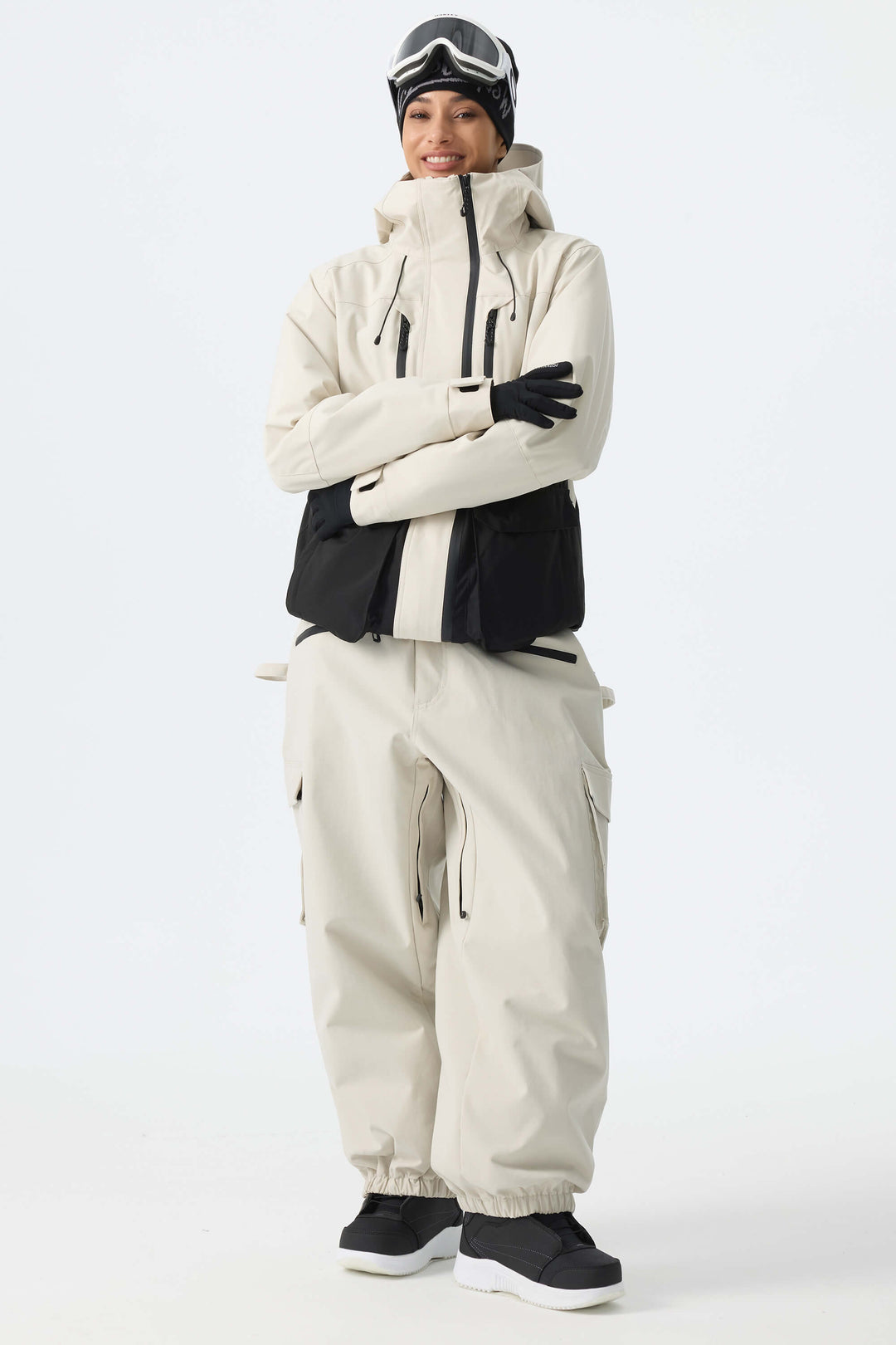 Calça de neve feminina Off White térmica, impermeável, utilitária, estilo cargo, folgada.