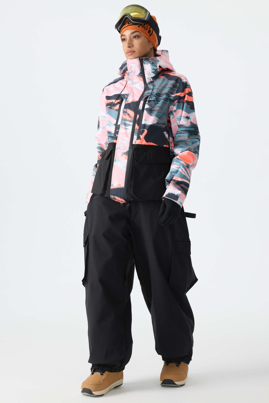 Calça feminina preta térmica impermeável estilo cargo para neve
