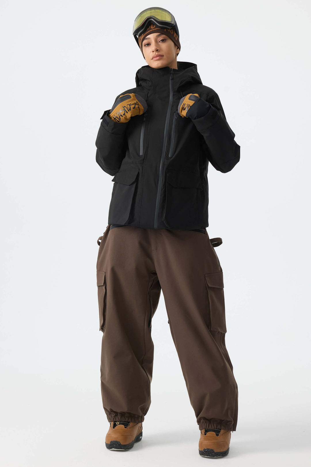 Calça feminina marrom térmica impermeável estilo cargo para neve
