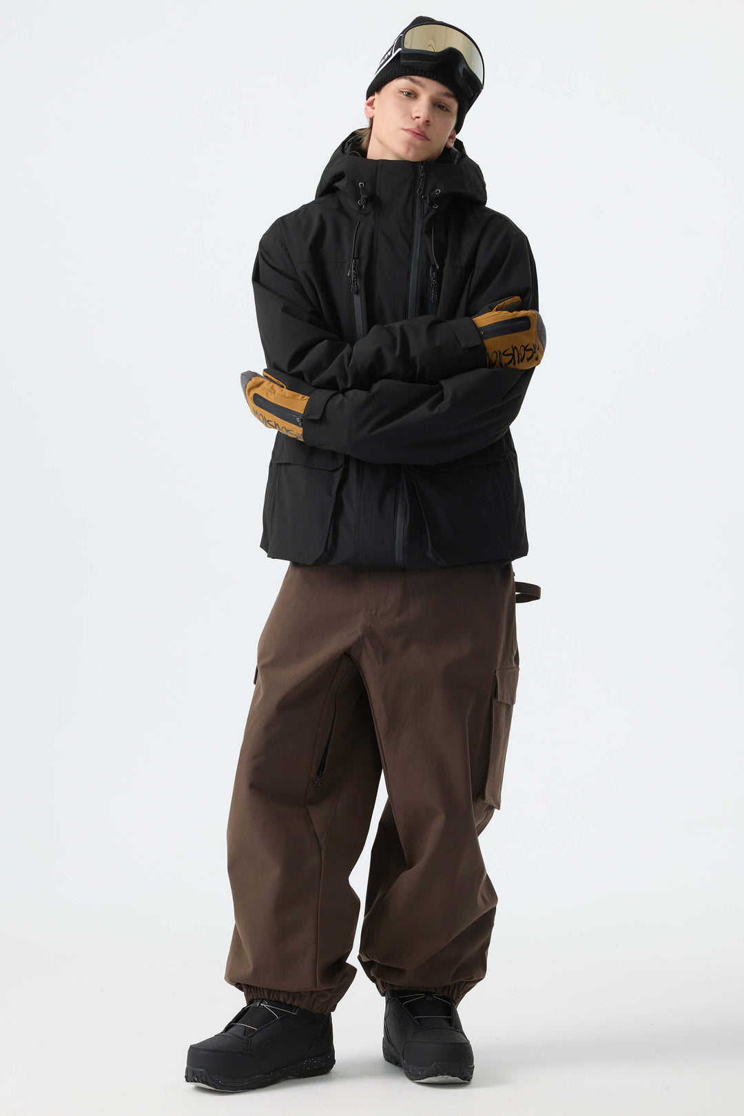Men's Brown Thermal Waterproof Utility Cargo Baggy Snow Pants