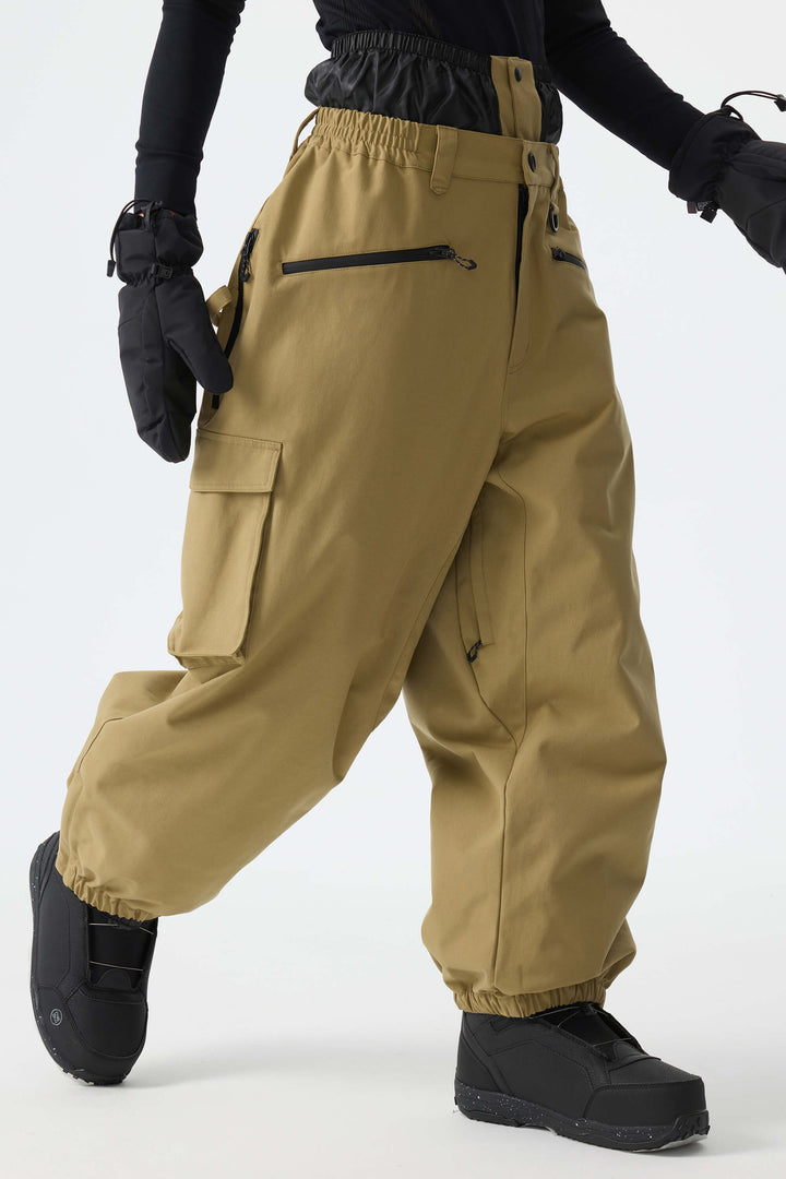 Men's Khaki Thermal Waterproof Utility Cargo Baggy Snow Pants
