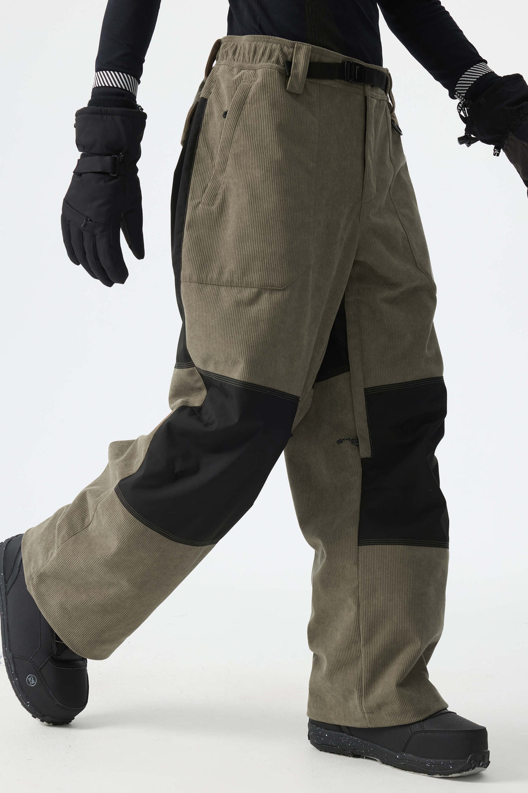 Men's Color-Block Dark Olive & Black Corduroy Snow Pants