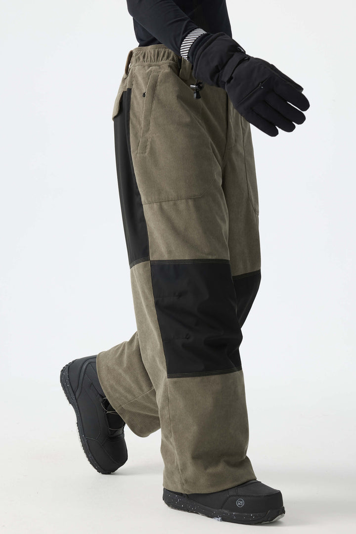 Men's Color-Block Dark Olive & Black Corduroy Snow Pants