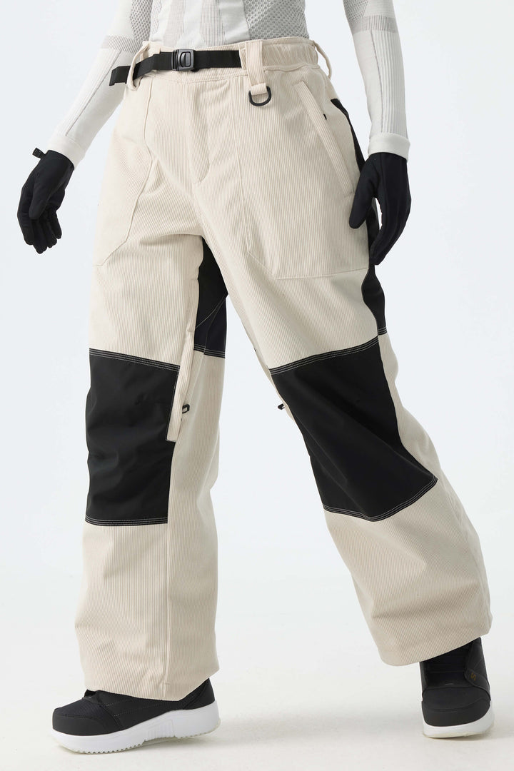 Calça de neve feminina preta de veludo cotelê
