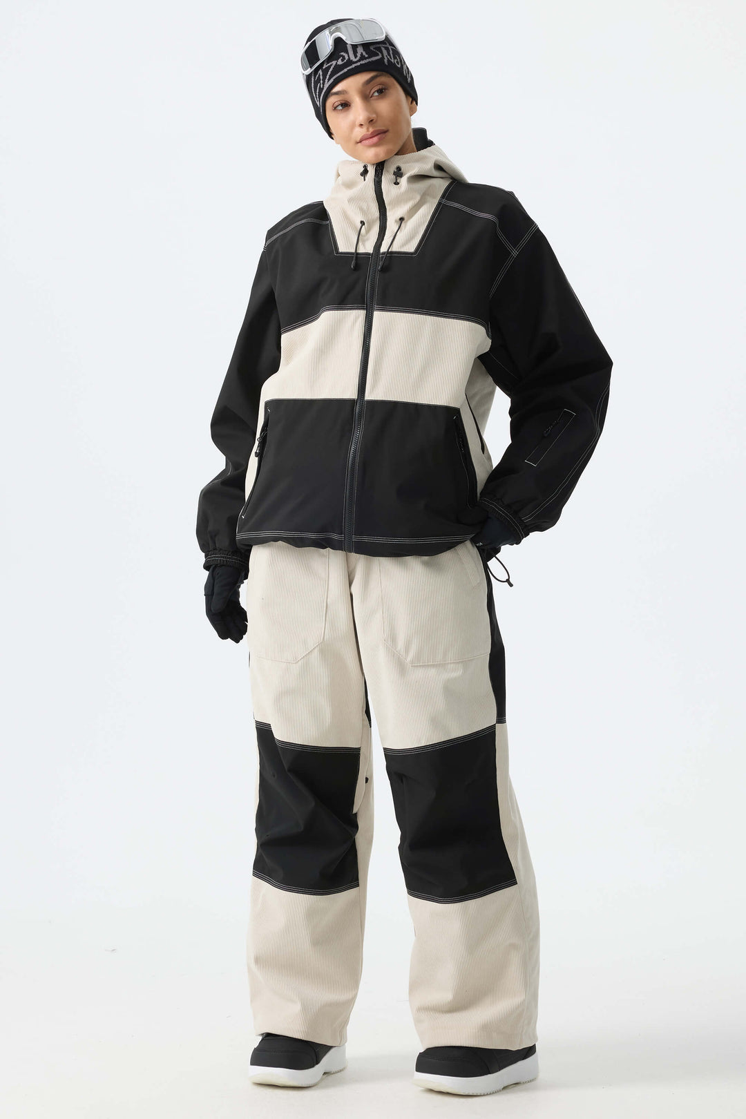 Calça de neve feminina preta de veludo cotelê