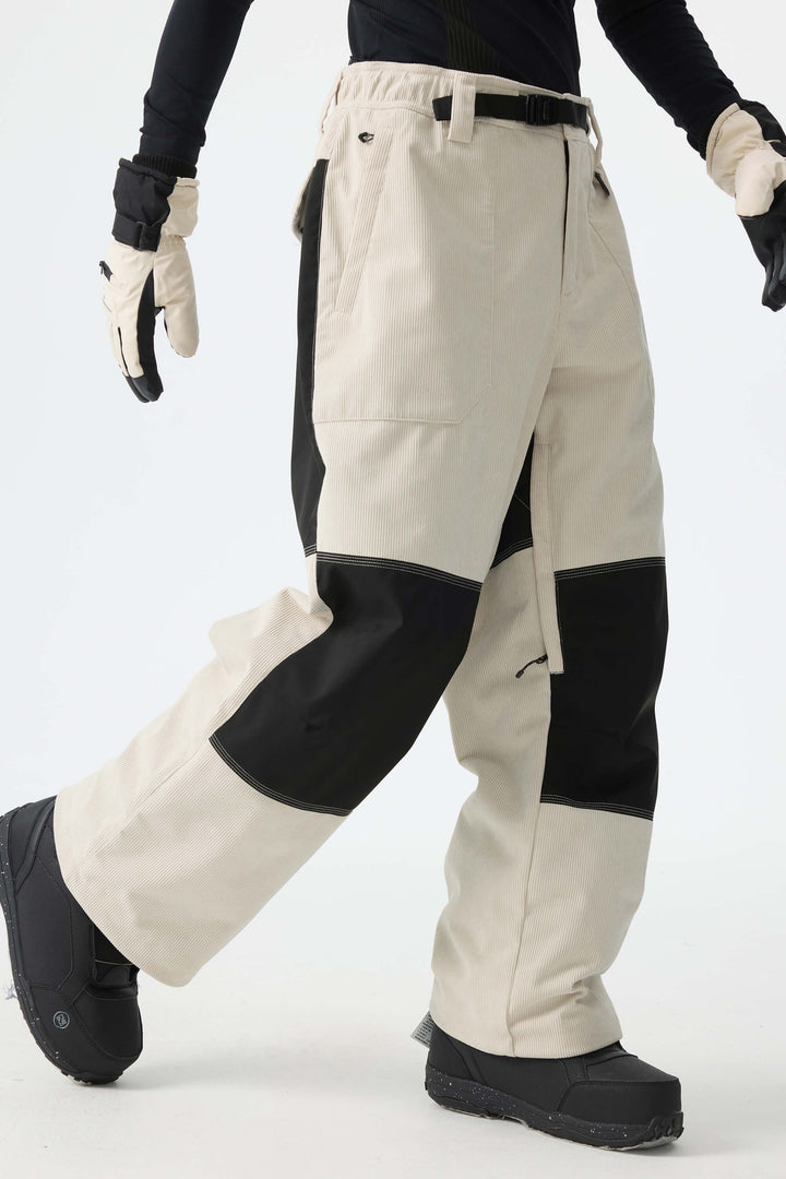 Men's Color-Block Off White & Black Corduroy Snow Pants