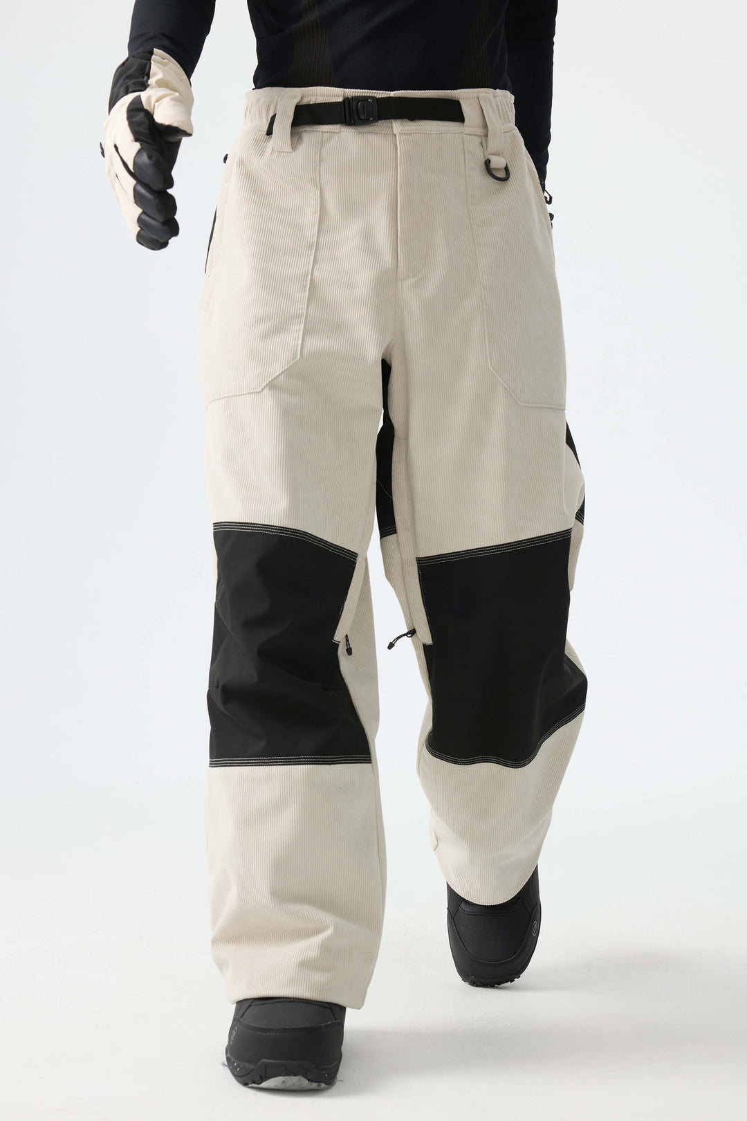 Men's Color-Block Off White & Black Corduroy Snow Pants