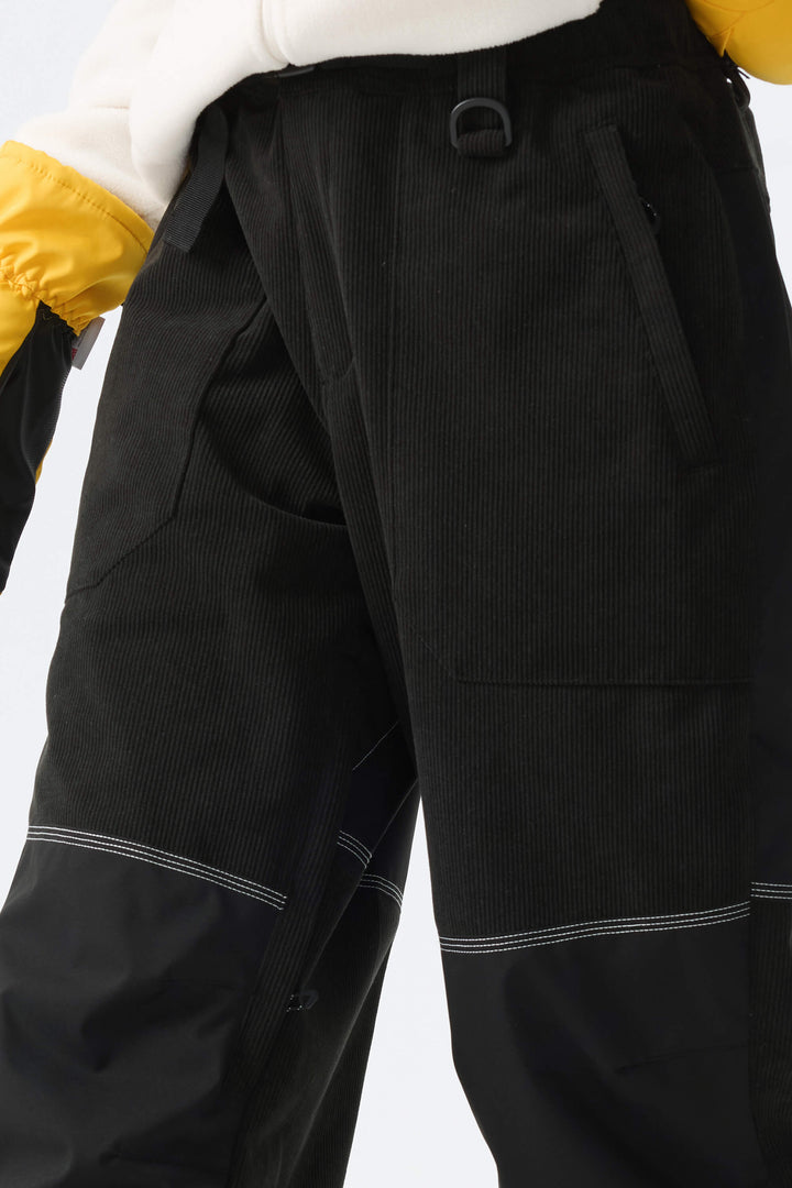 Calça de neve feminina preta de veludo cotelê