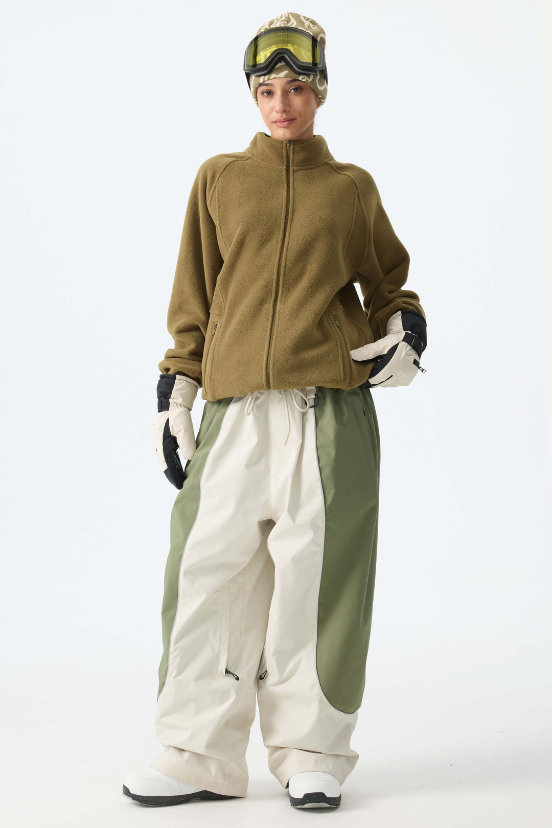 Women's Color Block Off White & Sage Baggy Reflective Piping Snow Pants