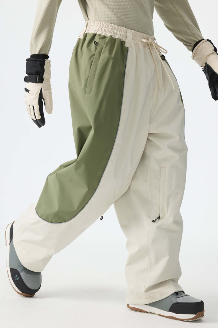 Men's Color Block Off White & Sage Baggy Reflective Piping Snow Pants