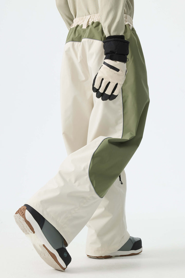 Men's Color Block Off White & Sage Baggy Reflective Piping Snow Pants