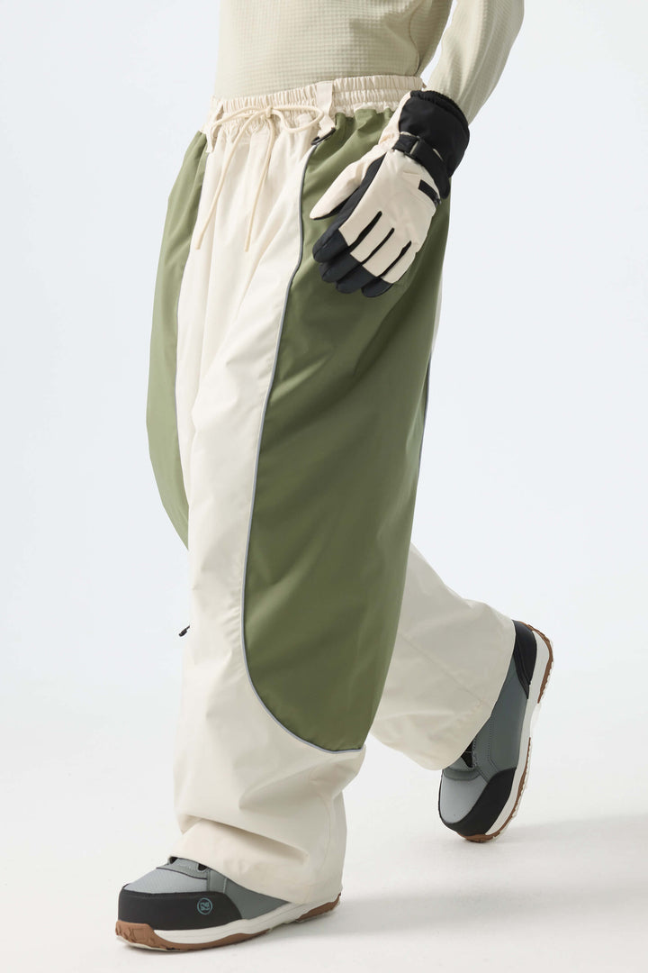 Men's Color Block Off White & Sage Baggy Reflective Piping Snow Pants