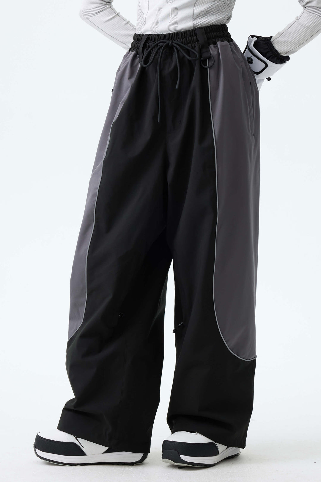 Women's Color Block Black & Gray Baggy Reflective Piping Snow Pants
