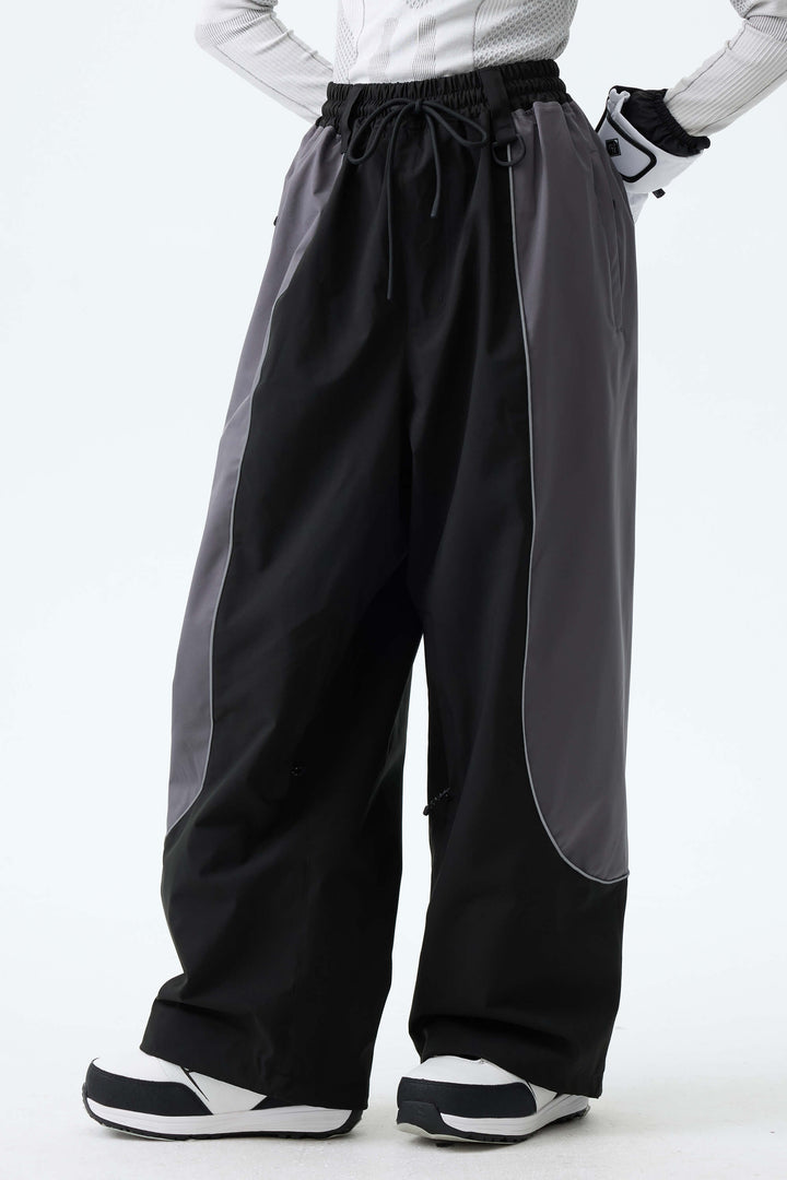 Women's Color Block Black & Gray Baggy Reflective Piping Snow Pants