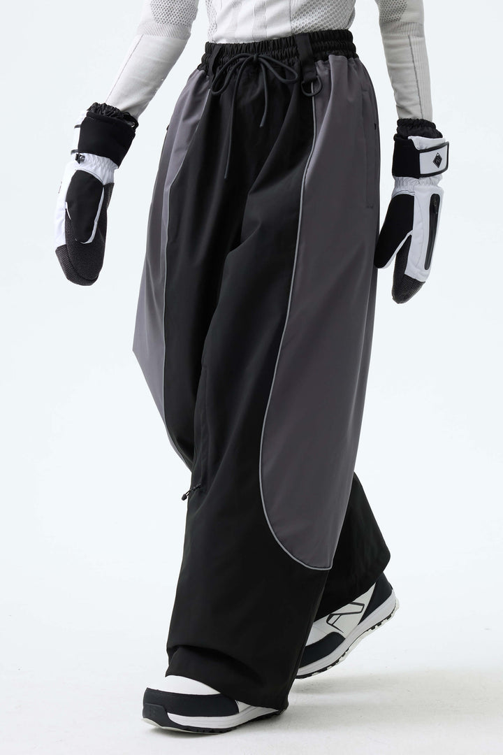 Women's Color Block Black & Gray Baggy Reflective Piping Snow Pants