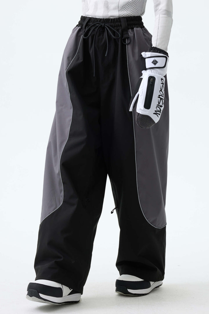 Women's Color Block Black & Gray Baggy Reflective Piping Snow Pants