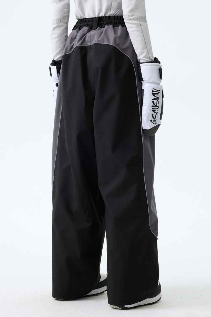 Women's Color Block Black & Gray Baggy Reflective Piping Snow Pants