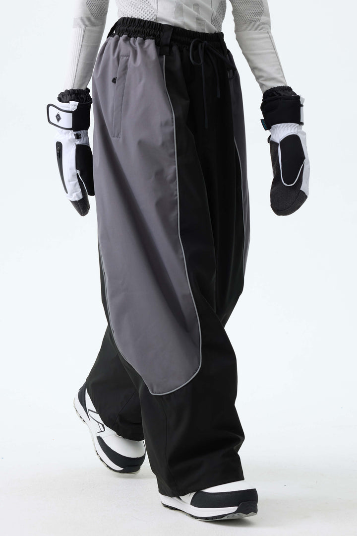 Women's Color Block Black & Gray Baggy Reflective Piping Snow Pants