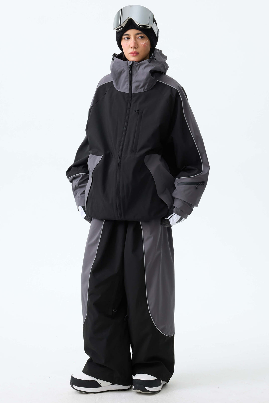 Women's Color Block Black & Gray Baggy Reflective Piping Snow Pants