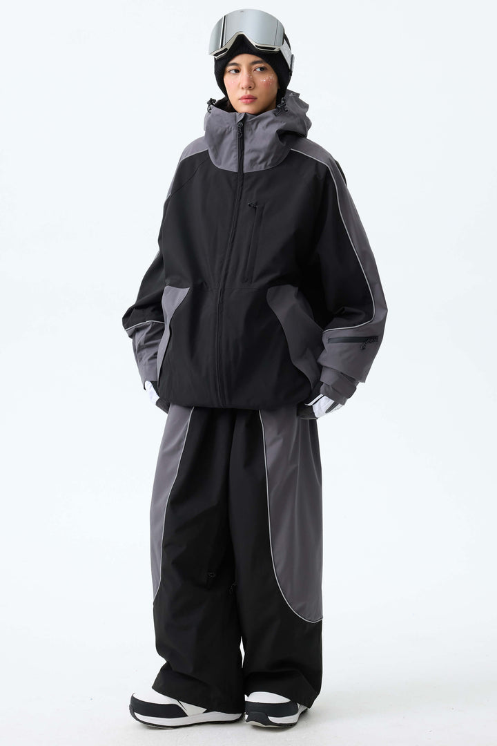 Women's Color Block Black & Gray Baggy Reflective Piping Snow Pants