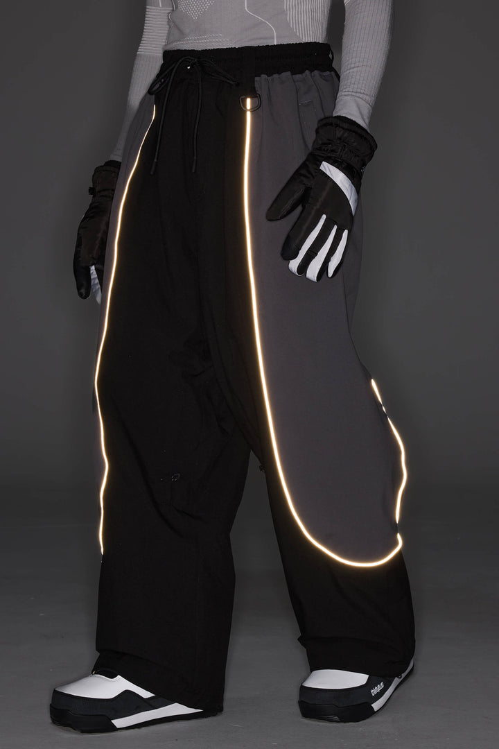 Men's Color Block Black & Gray Baggy Reflective Piping Snow Pants